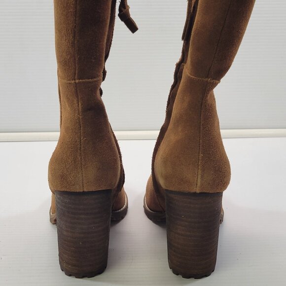 *E) Saks Fifth Avenue Cognac Zipper Heel Suede Boots Booties Fur 8.5M - Picture 15 of 16